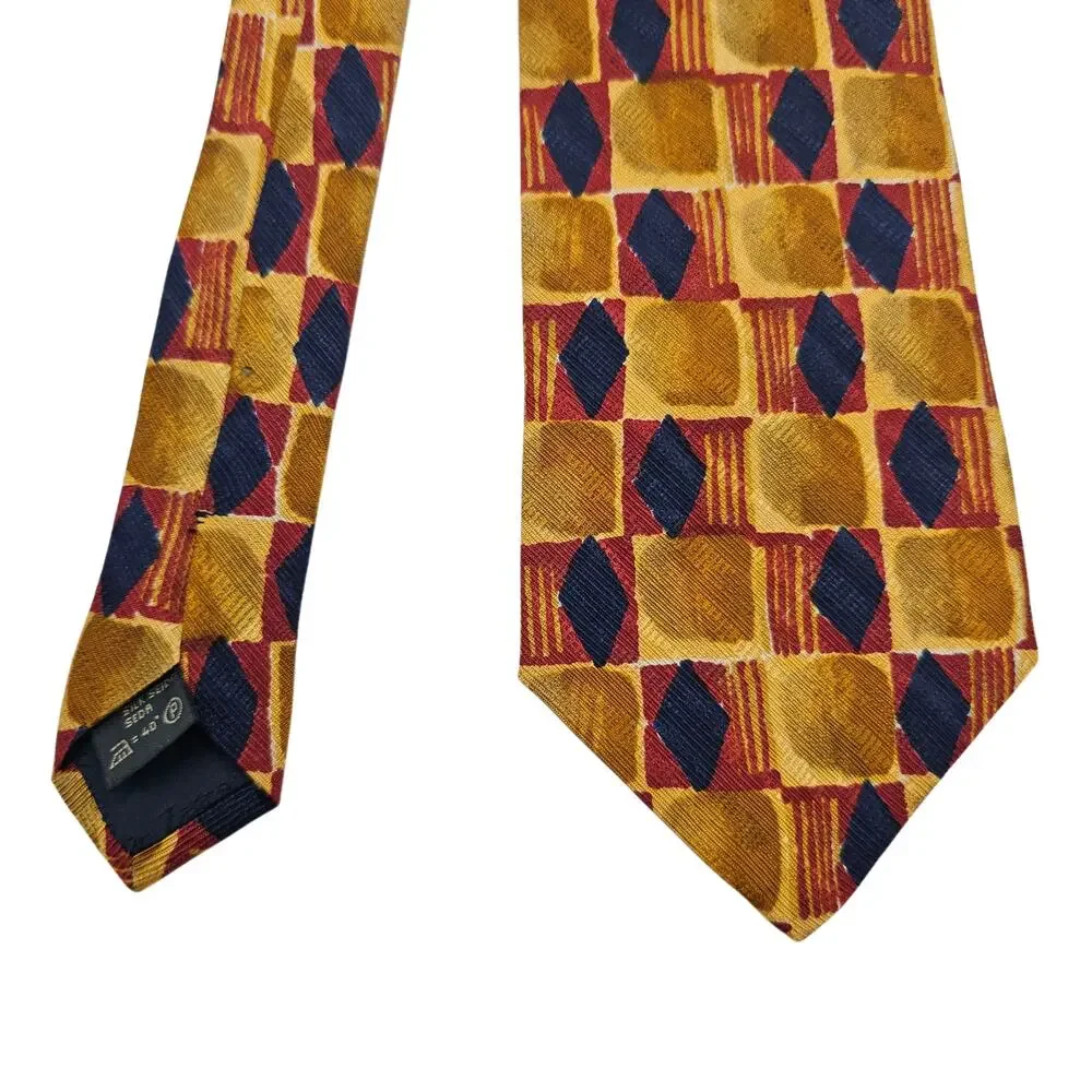 Ermenegildo Zegna Silk Tie Gold Red Blue Geometric Diamond Designer Italy 58.25